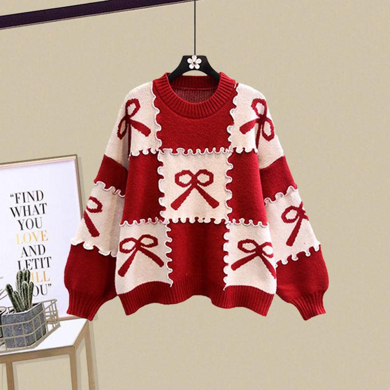 【top】Bow plaid sweater Simple Cotton Linen